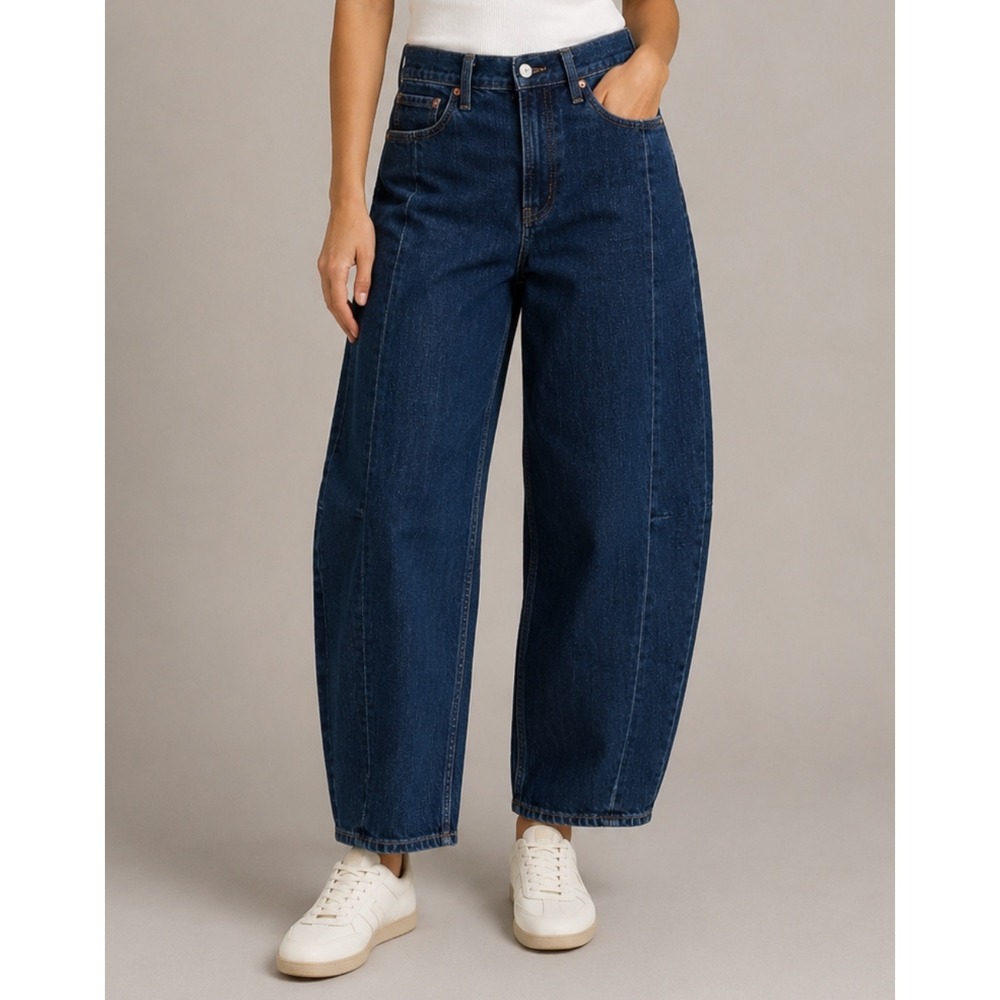 Old Navy Evie High-Rise Barrel Leg Baggy Jeans Dark Wash Blue Sz 8 Seam Front